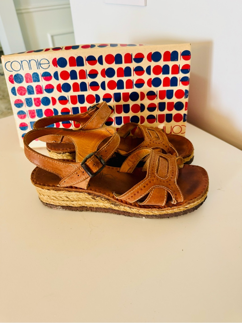 Connie's Brown Leather Wedge Sandals original box vintage